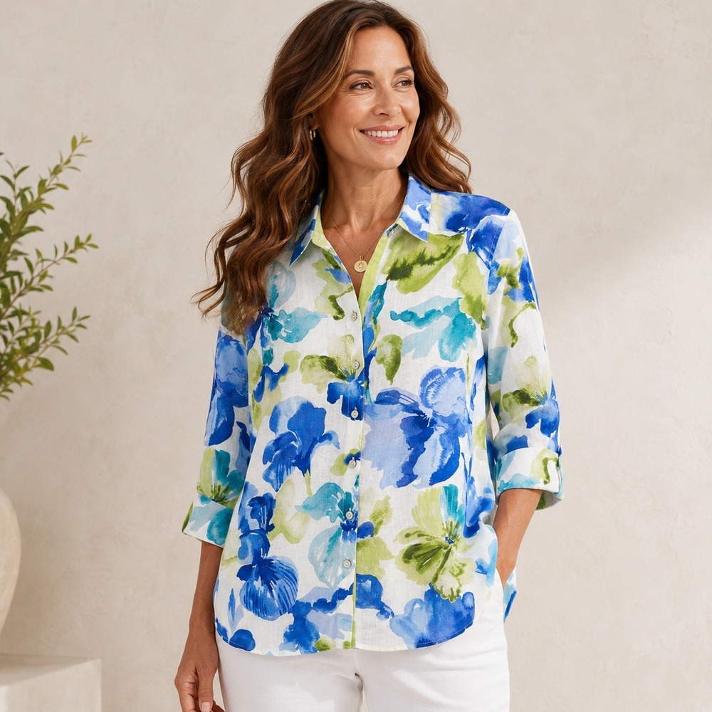 Chicos No Iron 100% Linen Floral Watercolor Button Down Shirt Size 1 US 8 - Picture 1 of 8